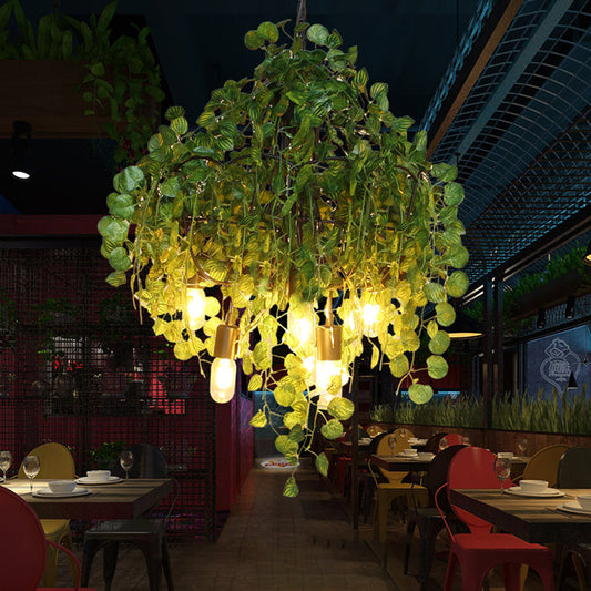 Lustre à ampoules apparentes Green Loft Iron à 6 têtes avec décor végétal pour suspension de plafond de restaurant