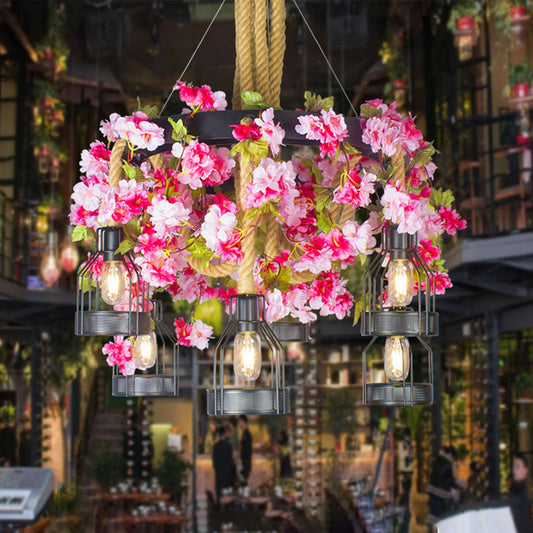 Vintage Floral Drop Pendant Chandelier with Black Wire Cage and 6/12 Heads
