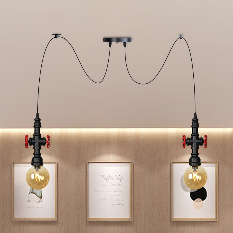 Luminaire suspendu industriel en verre ambré avec plafonnier multiple à LED et valve décorative - Globe Restaurant, noir, design à 2/3/6 têtes