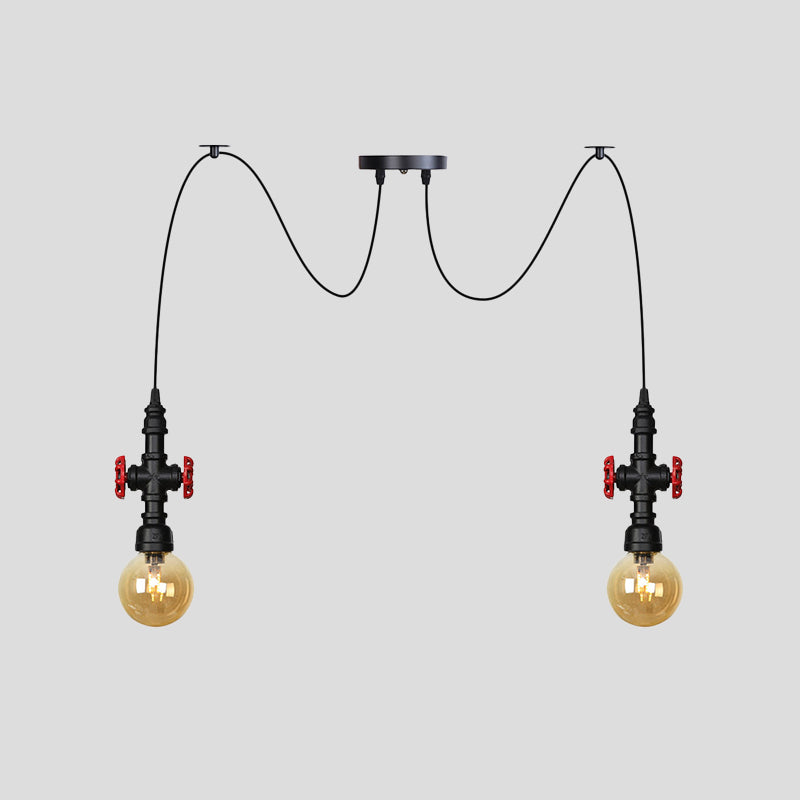 Luminaire suspendu industriel en verre ambré avec plafonnier multiple à LED et valve décorative - Globe Restaurant, noir, design à 2/3/6 têtes
