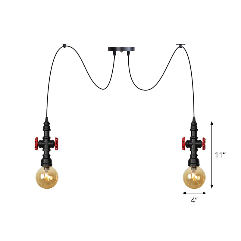Luminaire suspendu industriel en verre ambré avec plafonnier multiple à LED et valve décorative - Globe Restaurant, noir, design à 2/3/6 têtes