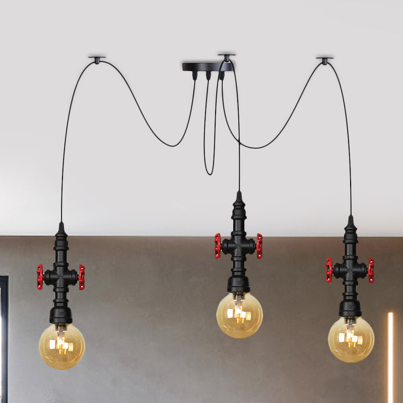 Luminaire suspendu industriel en verre ambré avec plafonnier multiple à LED et valve décorative - Globe Restaurant, noir, design à 2/3/6 têtes