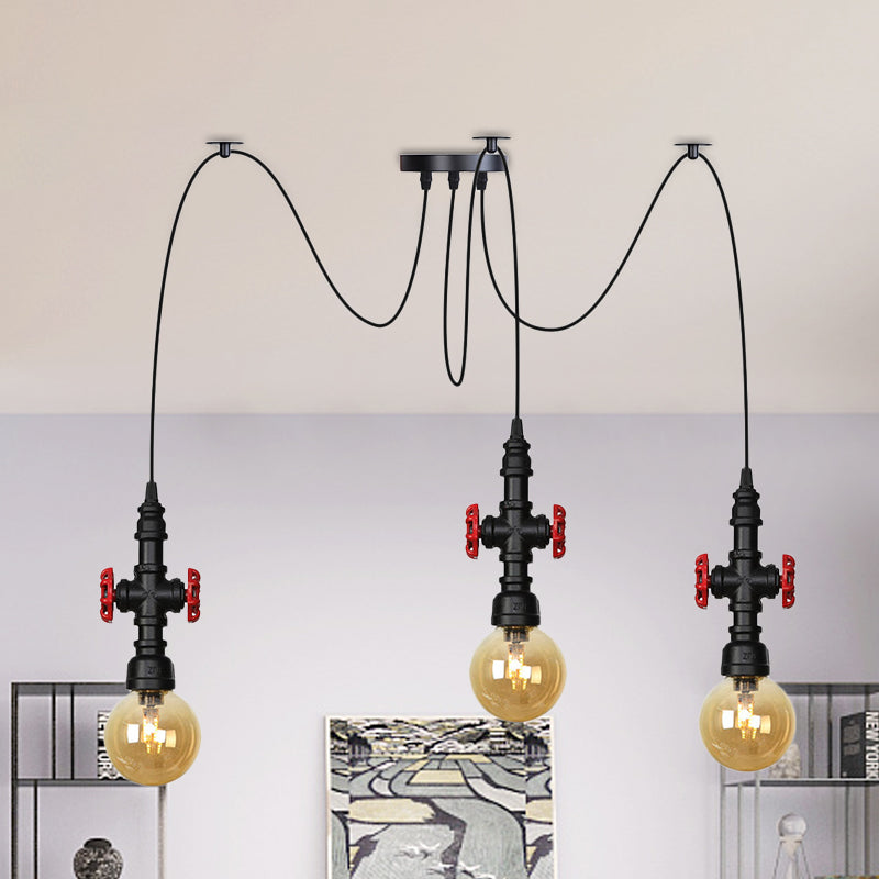 Luminaire suspendu industriel en verre ambré avec plafonnier multiple à LED et valve décorative - Globe Restaurant, noir, design à 2/3/6 têtes