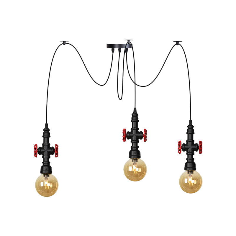 Luminaire suspendu industriel en verre ambré avec plafonnier multiple à LED et valve décorative - Globe Restaurant, noir, design à 2/3/6 têtes