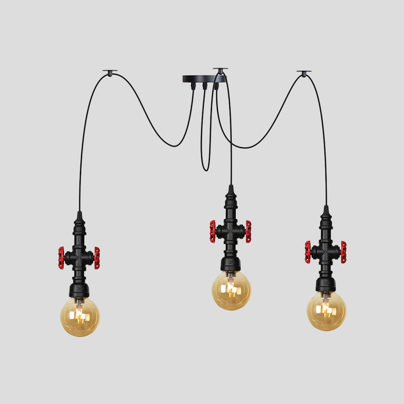 Luminaire suspendu industriel en verre ambré avec plafonnier multiple à LED et valve décorative - Globe Restaurant, noir, design à 2/3/6 têtes