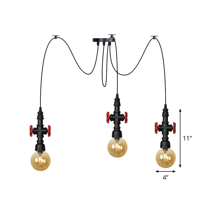 Luminaire suspendu industriel en verre ambré avec plafonnier multiple à LED et valve décorative - Globe Restaurant, noir, design à 2/3/6 têtes