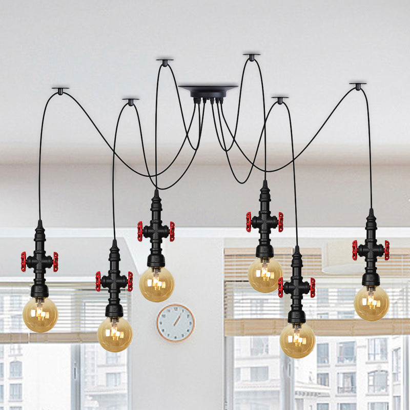 Luminaire suspendu industriel en verre ambré avec plafonnier multiple à LED et valve décorative - Globe Restaurant, noir, design à 2/3/6 têtes