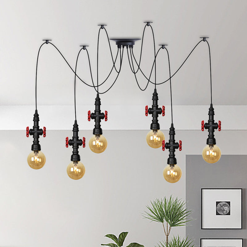 Luminaire suspendu industriel en verre ambré avec plafonnier multiple à LED et valve décorative - Globe Restaurant, noir, design à 2/3/6 têtes
