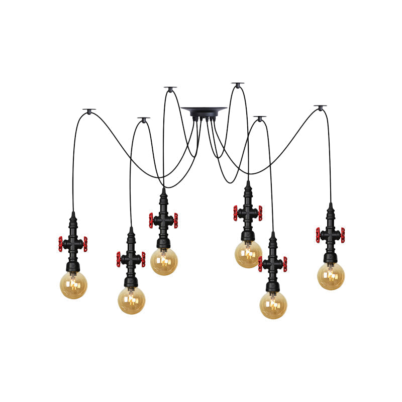 Luminaire suspendu industriel en verre ambré avec plafonnier multiple à LED et valve décorative - Globe Restaurant, noir, design à 2/3/6 têtes