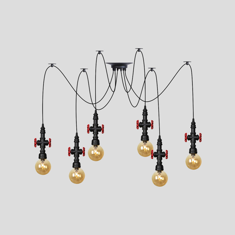 Luminaire suspendu industriel en verre ambré avec plafonnier multiple à LED et valve décorative - Globe Restaurant, noir, design à 2/3/6 têtes