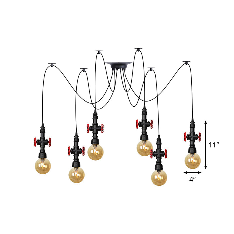 Luminaire suspendu industriel en verre ambré avec plafonnier multiple à LED et valve décorative - Globe Restaurant, noir, design à 2/3/6 têtes
