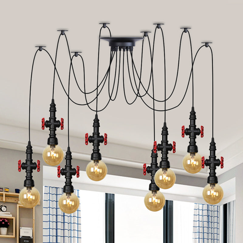 Luminaire suspendu industriel en verre ambré avec plafonnier multiple à LED et valve décorative - Globe Restaurant, noir, design à 2/3/6 têtes