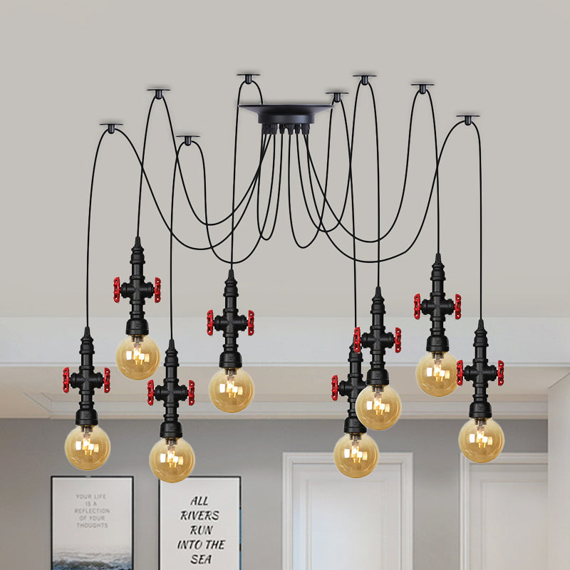 Luminaire suspendu industriel en verre ambré avec plafonnier multiple à LED et valve décorative - Globe Restaurant, noir, design à 2/3/6 têtes