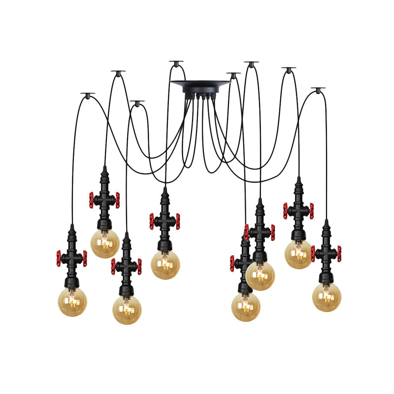 Luminaire suspendu industriel en verre ambré avec plafonnier multiple à LED et valve décorative - Globe Restaurant, noir, design à 2/3/6 têtes