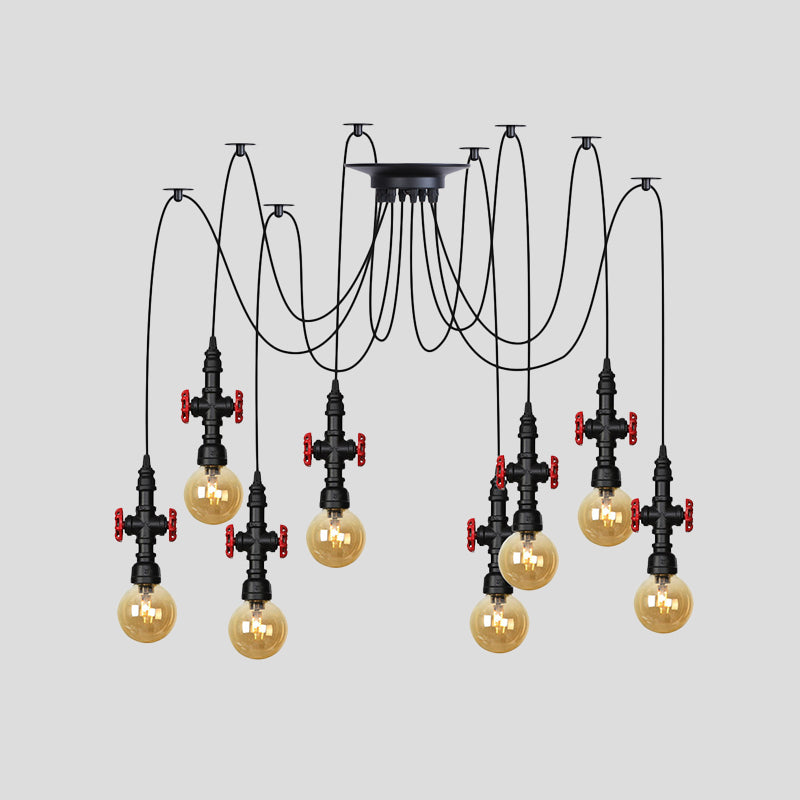 Luminaire suspendu industriel en verre ambré avec plafonnier multiple à LED et valve décorative - Globe Restaurant, noir, design à 2/3/6 têtes