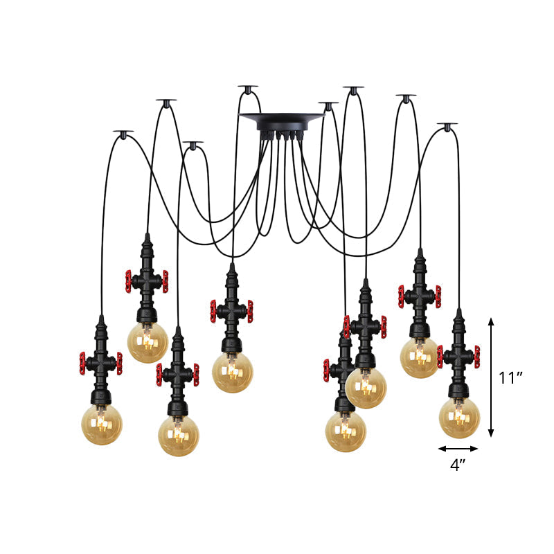 Luminaire suspendu industriel en verre ambré avec plafonnier multiple à LED et valve décorative - Globe Restaurant, noir, design à 2/3/6 têtes