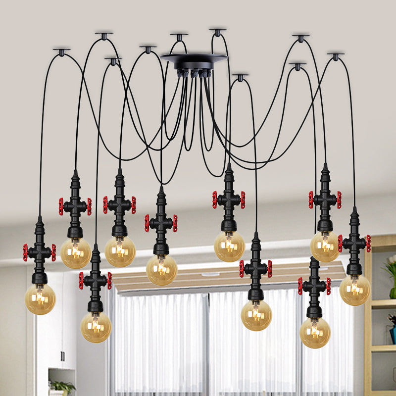 Luminaire suspendu industriel en verre ambré avec plafonnier multiple à LED et valve décorative - Globe Restaurant, noir, design à 2/3/6 têtes