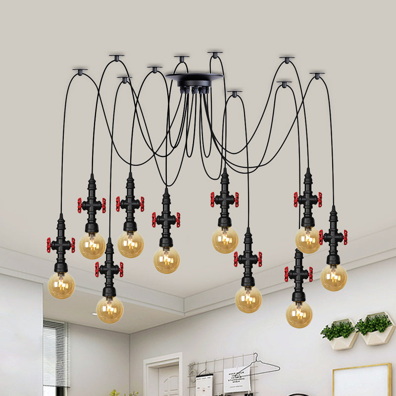 Luminaire suspendu industriel en verre ambré avec plafonnier multiple à LED et valve décorative - Globe Restaurant, noir, design à 2/3/6 têtes