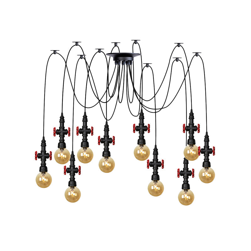 Luminaire suspendu industriel en verre ambré avec plafonnier multiple à LED et valve décorative - Globe Restaurant, noir, design à 2/3/6 têtes