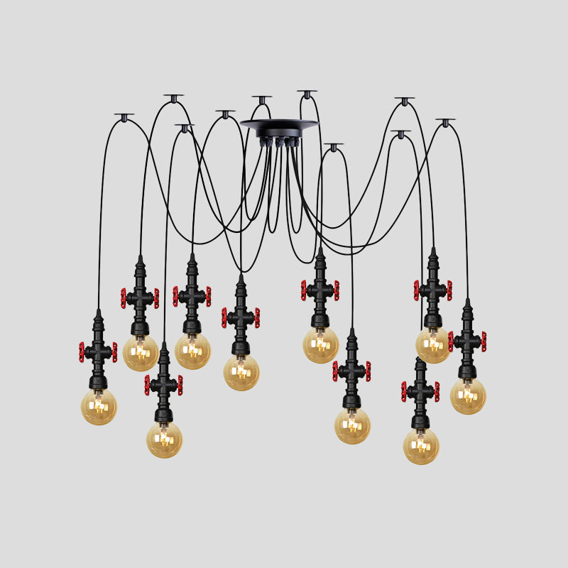 Luminaire suspendu industriel en verre ambré avec plafonnier multiple à LED et valve décorative - Globe Restaurant, noir, design à 2/3/6 têtes
