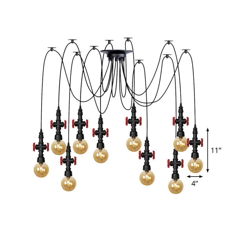 Luminaire suspendu industriel en verre ambré avec plafonnier multiple à LED et valve décorative - Globe Restaurant, noir, design à 2/3/6 têtes