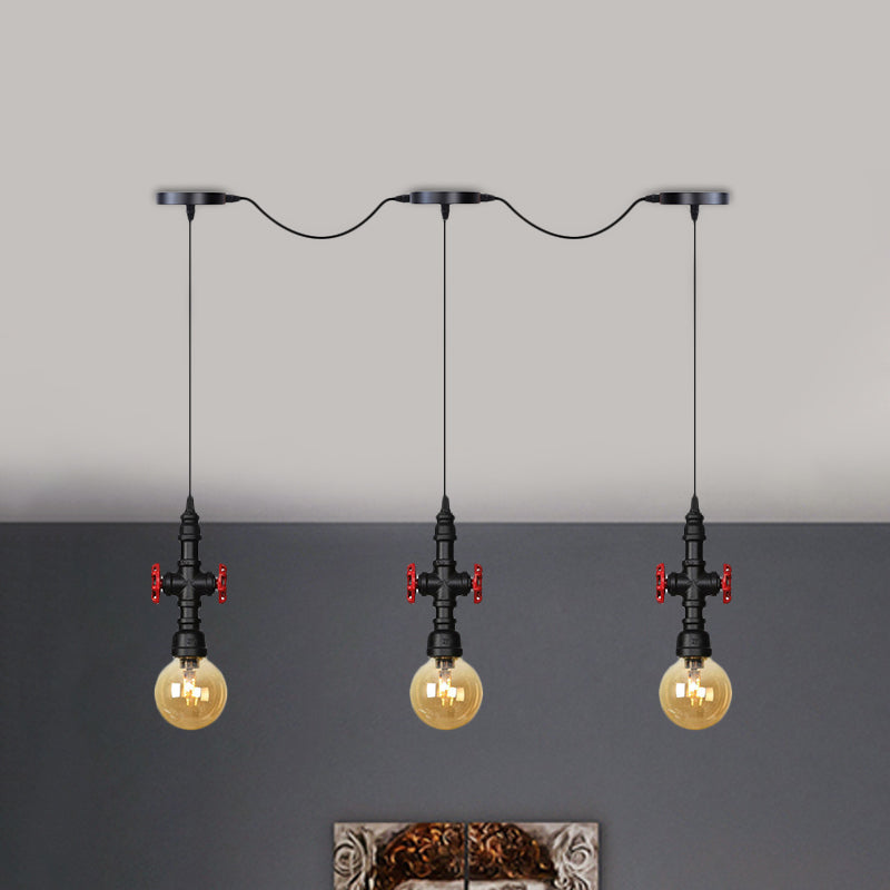Lustre multi-lumières en forme de sphère antique avec pendentif en verre ambré - Suspension LED en noir (3/5/7 ampoules)