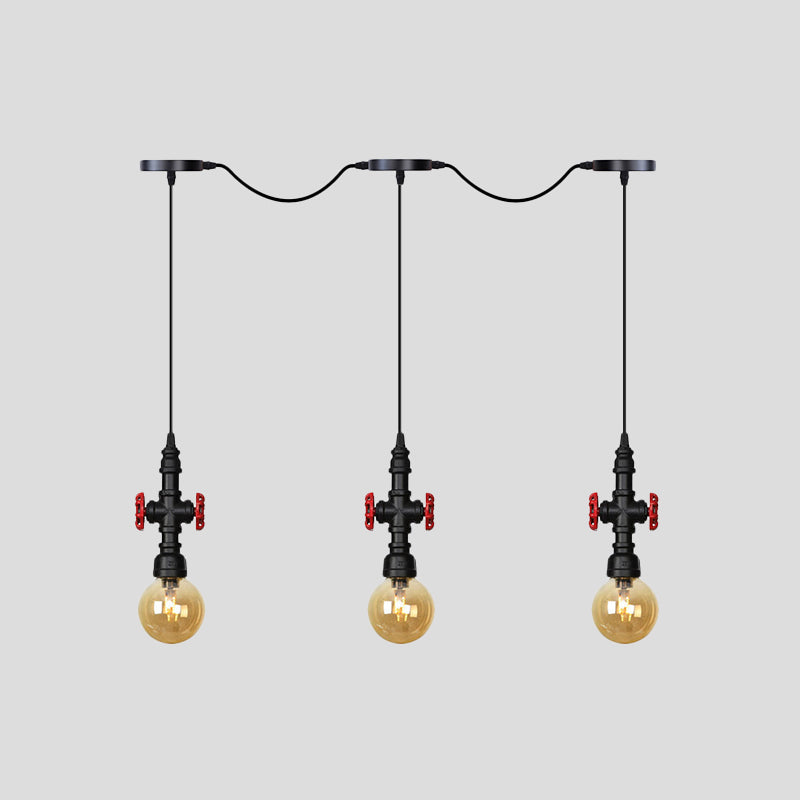 Lustre multi-lumières en forme de sphère antique avec pendentif en verre ambré - Suspension LED en noir (3/5/7 ampoules)