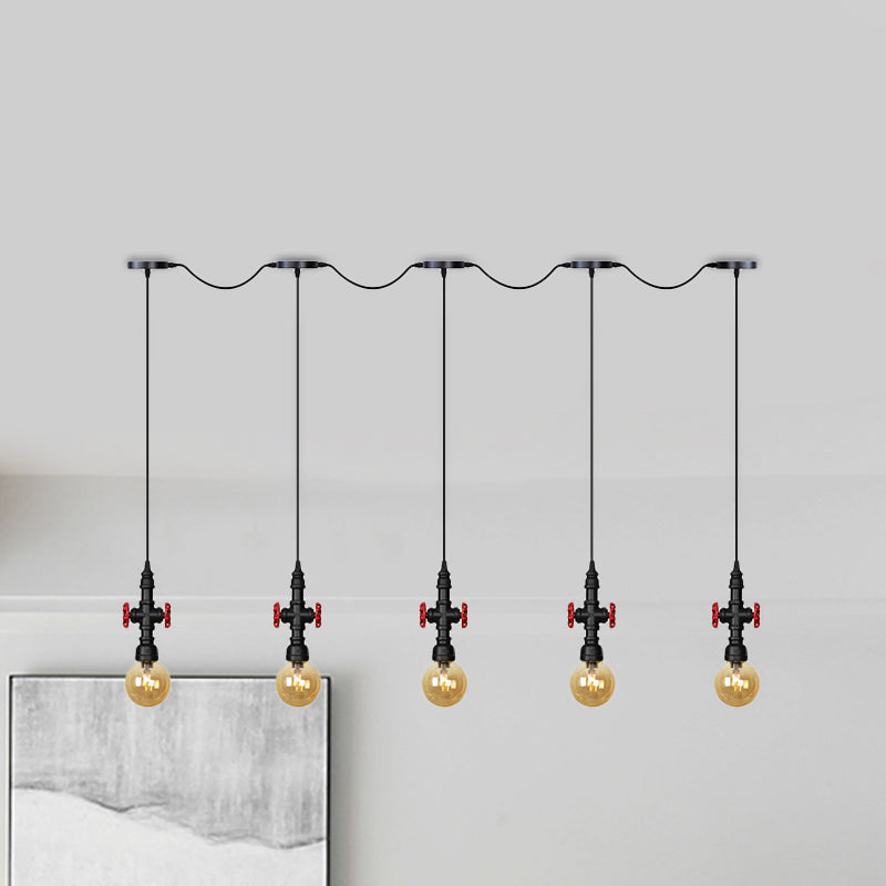 Lustre multi-lumières en forme de sphère antique avec pendentif en verre ambré - Suspension LED en noir (3/5/7 ampoules)