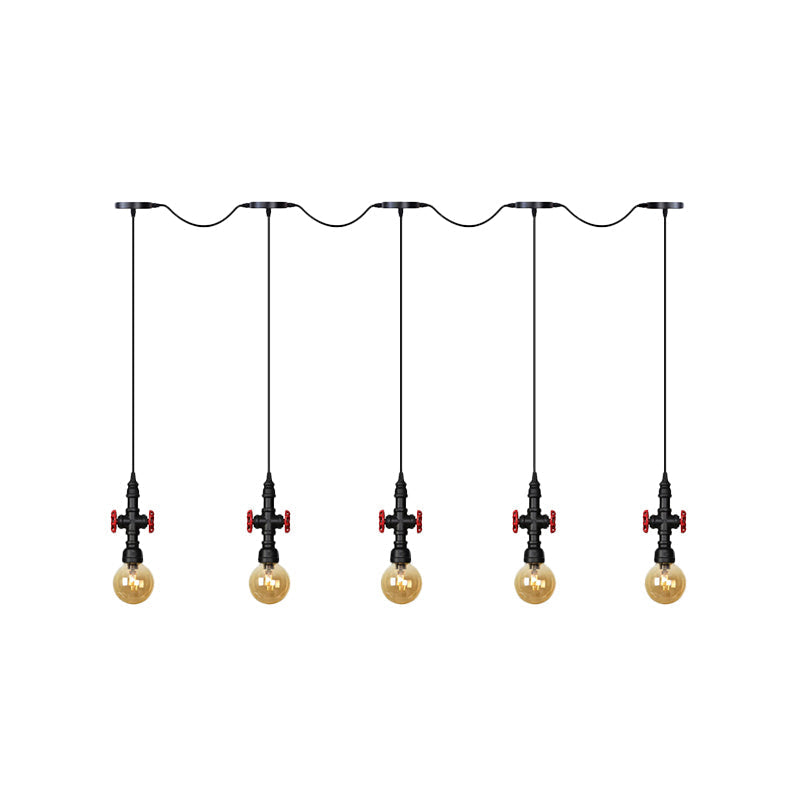 Lustre multi-lumières en forme de sphère antique avec pendentif en verre ambré - Suspension LED en noir (3/5/7 ampoules)