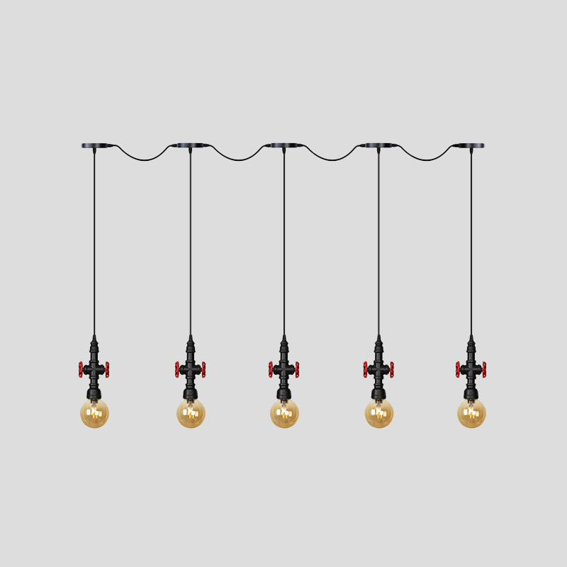 Lustre multi-lumières en forme de sphère antique avec pendentif en verre ambré - Suspension LED en noir (3/5/7 ampoules)