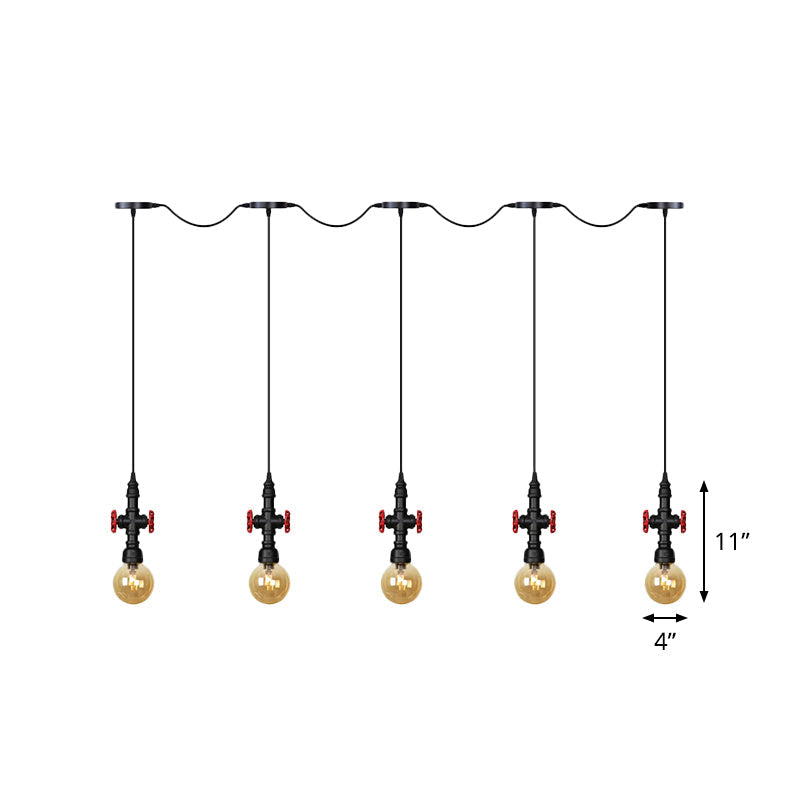 Lustre multi-lumières en forme de sphère antique avec pendentif en verre ambré - Suspension LED en noir (3/5/7 ampoules)