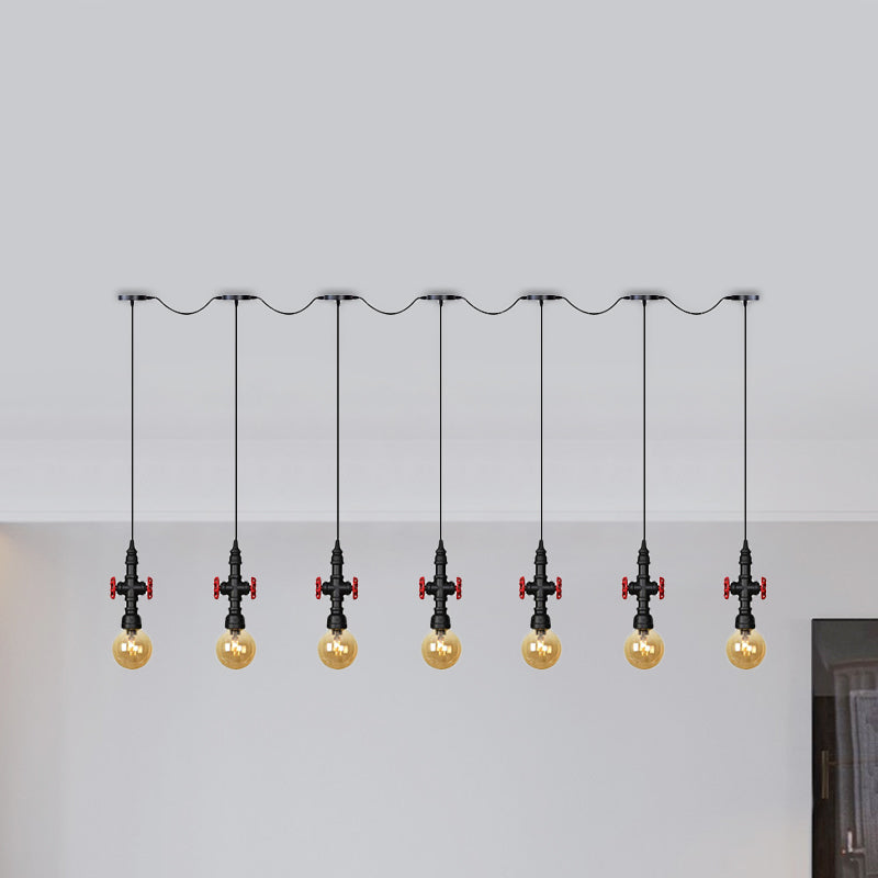 Lustre multi-lumières en forme de sphère antique avec pendentif en verre ambré - Suspension LED en noir (3/5/7 ampoules)