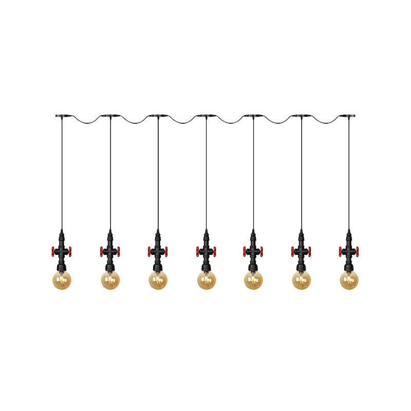 Lustre multi-lumières en forme de sphère antique avec pendentif en verre ambré - Suspension LED en noir (3/5/7 ampoules)