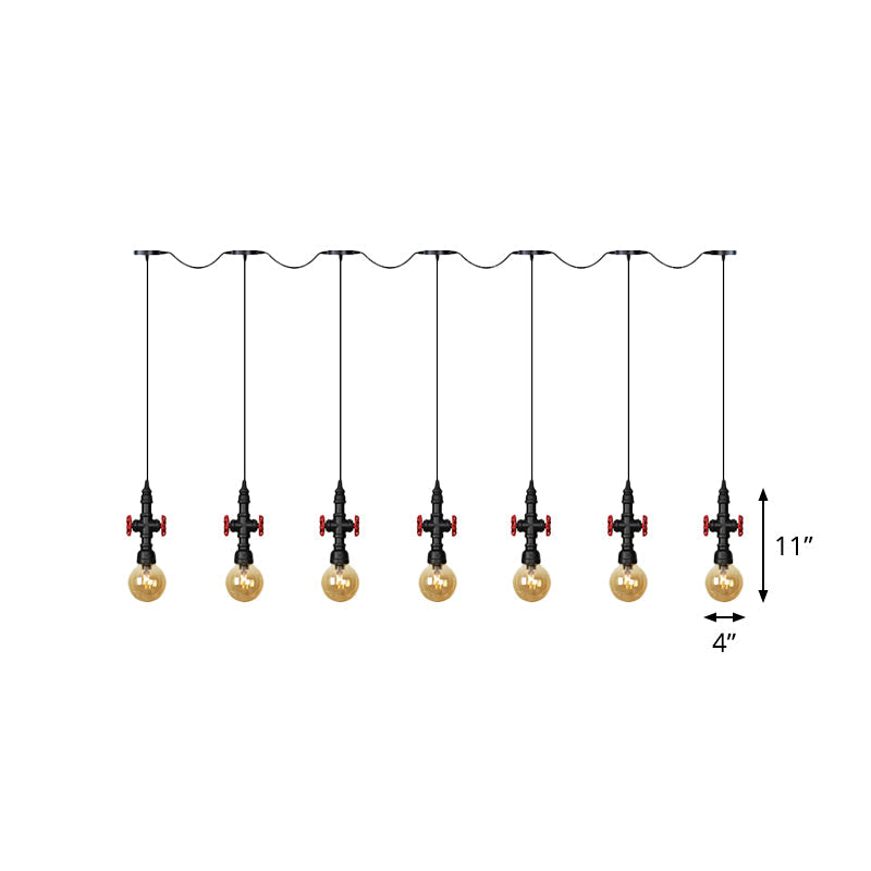 Lustre multi-lumières en forme de sphère antique avec pendentif en verre ambré - Suspension LED en noir (3/5/7 ampoules)