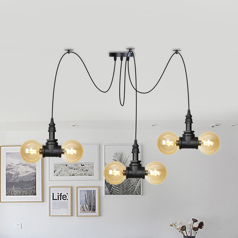 Lampe à suspension industrielle en verre ambré Orb - Luminaire suspendu multiple (4/6/12 ampoules) en noir