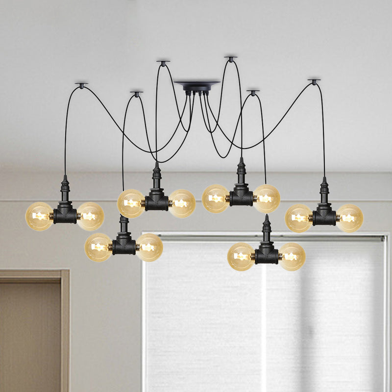 Lampe à suspension industrielle en verre ambré Orb - Luminaire suspendu multiple (4/6/12 ampoules) en noir
