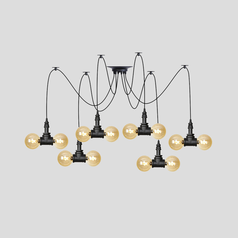 Lampe à suspension industrielle en verre ambré Orb - Luminaire suspendu multiple (4/6/12 ampoules) en noir