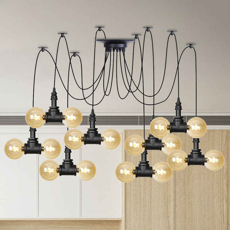 Lampe à suspension industrielle en verre ambré Orb - Luminaire suspendu multiple (4/6/12 ampoules) en noir