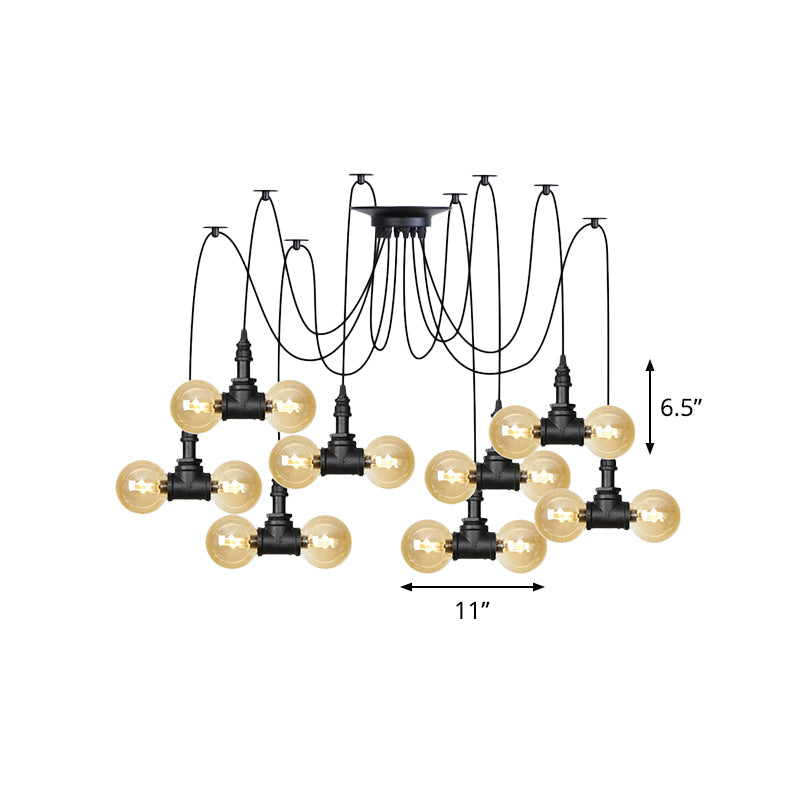 Lampe à suspension industrielle en verre ambré Orb - Luminaire suspendu multiple (4/6/12 ampoules) en noir