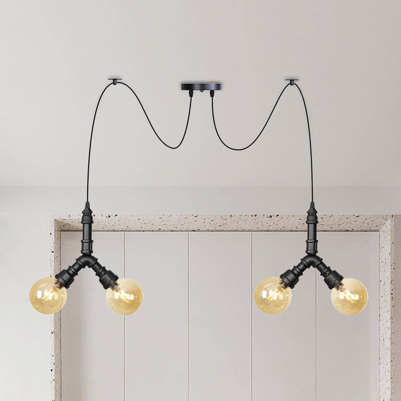 Suspension industrielle Swag - Globe en verre ambré, plusieurs plafonniers, LED, finition noire - Parfait pour les restaurants !
