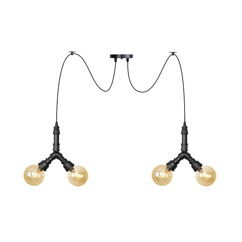 Suspension industrielle Swag - Globe en verre ambré, plusieurs plafonniers, LED, finition noire - Parfait pour les restaurants !
