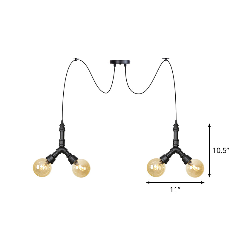 Suspension industrielle Swag - Globe en verre ambré, plusieurs plafonniers, LED, finition noire - Parfait pour les restaurants !