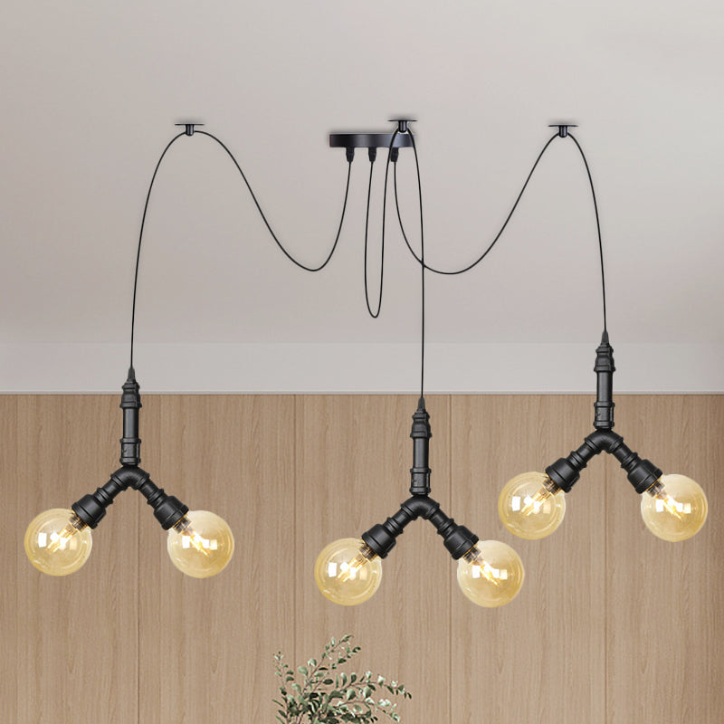 Suspension industrielle Swag - Globe en verre ambré, plusieurs plafonniers, LED, finition noire - Parfait pour les restaurants !