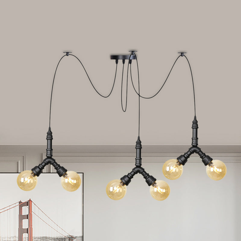 Suspension industrielle Swag - Globe en verre ambré, plusieurs plafonniers, LED, finition noire - Parfait pour les restaurants !