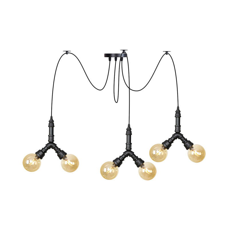 Suspension industrielle Swag - Globe en verre ambré, plusieurs plafonniers, LED, finition noire - Parfait pour les restaurants !
