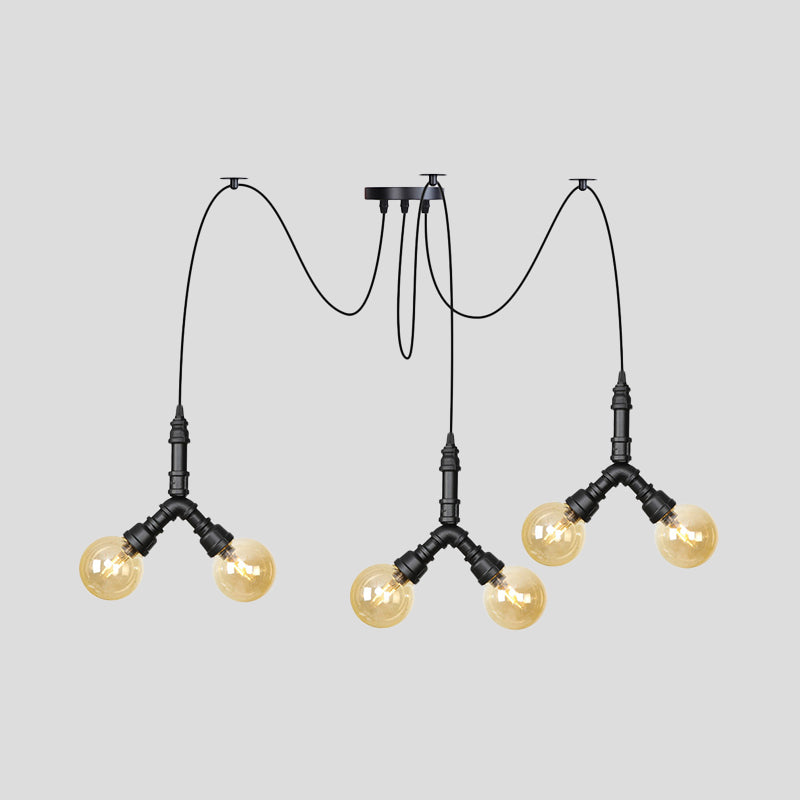 Suspension industrielle Swag - Globe en verre ambré, plusieurs plafonniers, LED, finition noire - Parfait pour les restaurants !