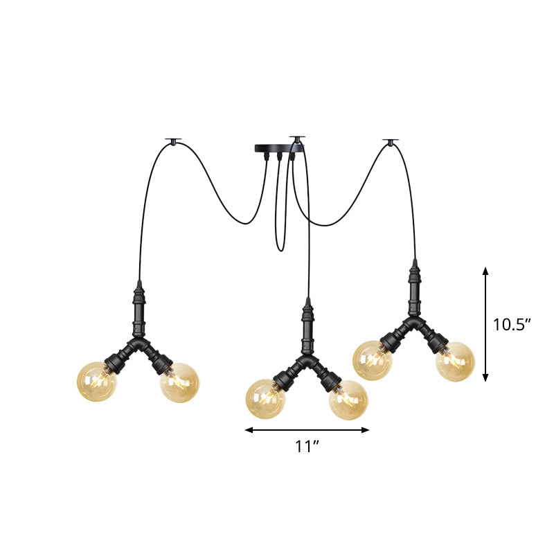 Suspension industrielle Swag - Globe en verre ambré, plusieurs plafonniers, LED, finition noire - Parfait pour les restaurants !