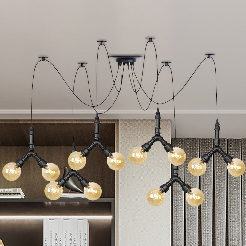Suspension industrielle Swag - Globe en verre ambré, plusieurs plafonniers, LED, finition noire - Parfait pour les restaurants !