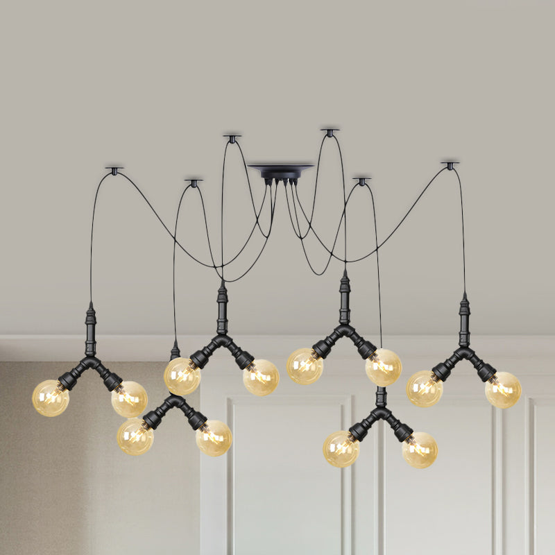 Suspension industrielle Swag - Globe en verre ambré, plusieurs plafonniers, LED, finition noire - Parfait pour les restaurants !