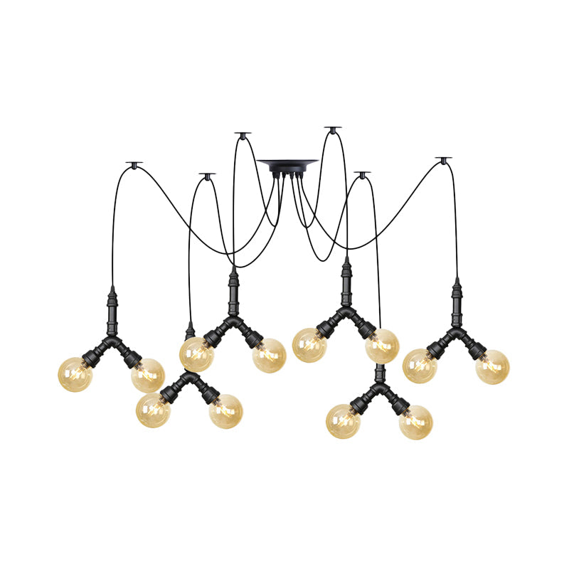 Suspension industrielle Swag - Globe en verre ambré, plusieurs plafonniers, LED, finition noire - Parfait pour les restaurants !